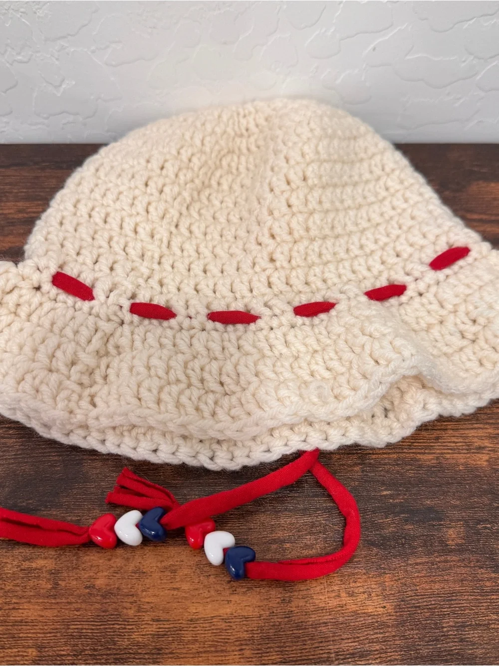 Handmade Knit Bucket Hat Kids Girls Red White Blue Patriotic